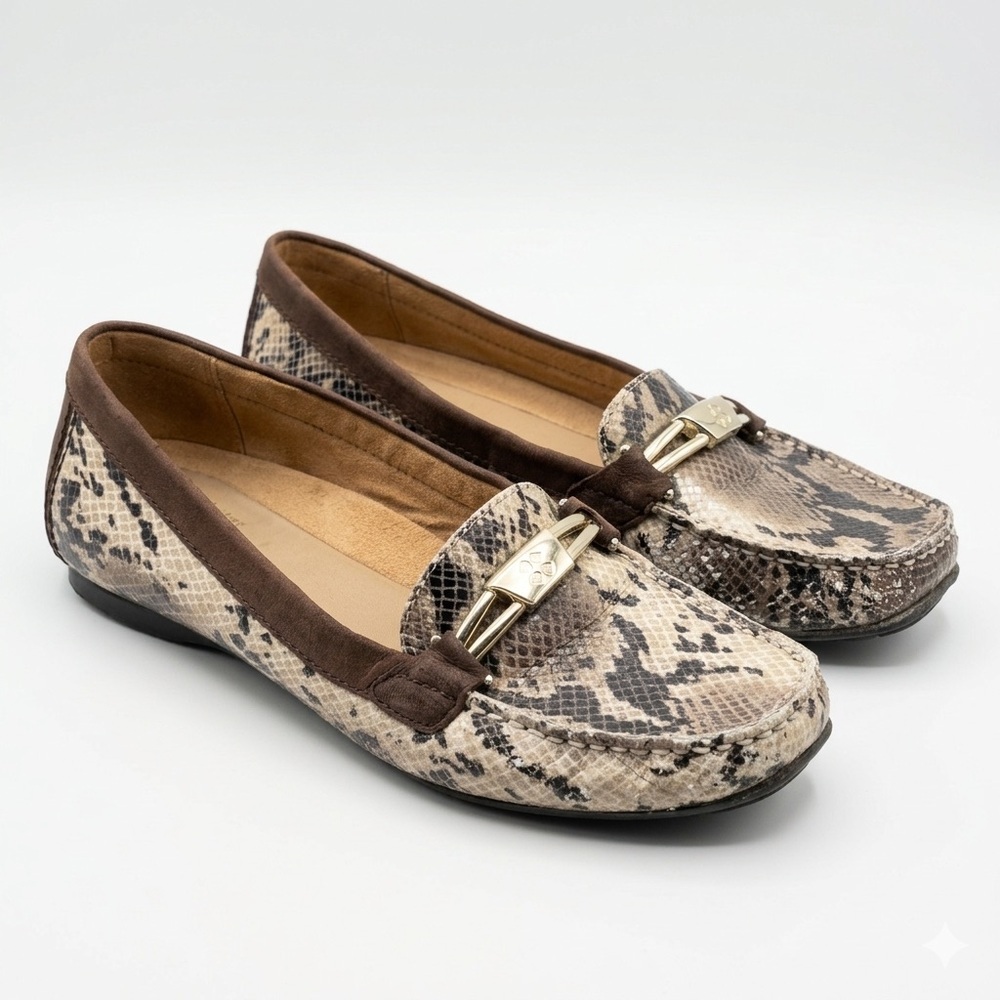 Naturalizer Women's Leather Snake-Print Moccasin Loafers Gold Accent - Brown 38
